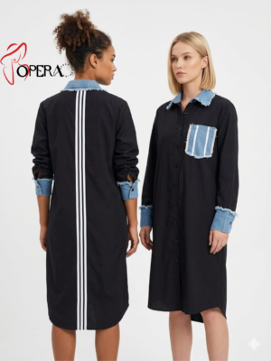 Long Poplin Shirt with Denim Trim