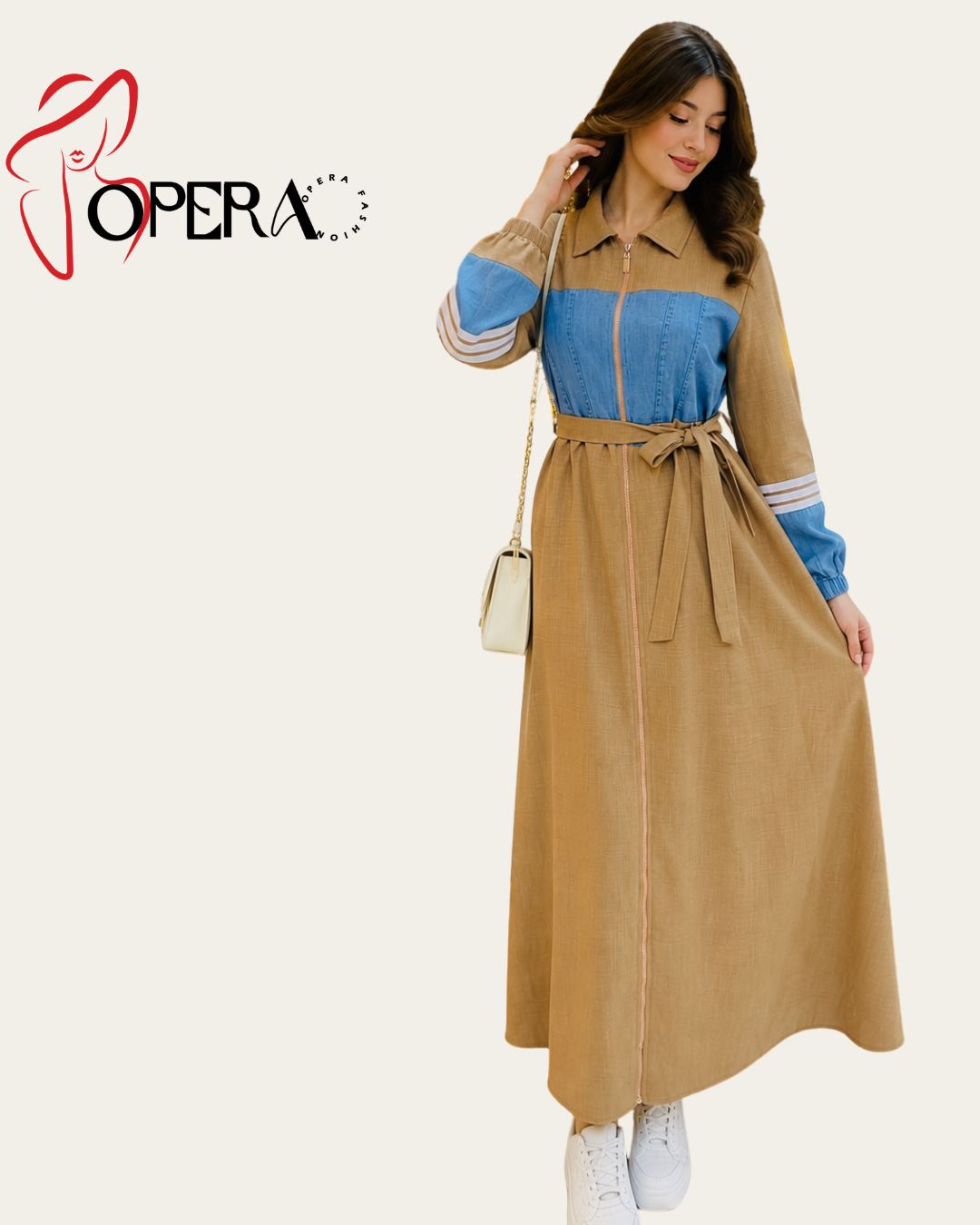 Linen and denim dress with zipper
